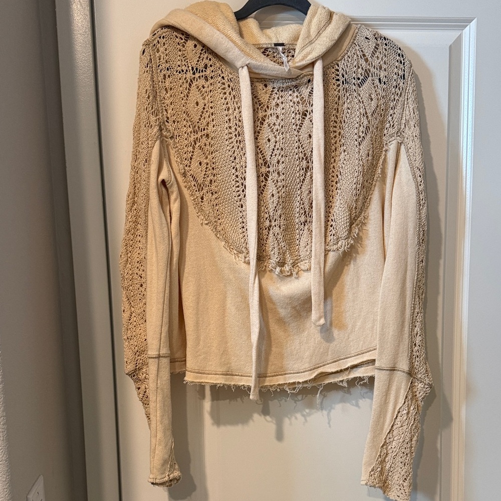 Free People Beige Lace Knit Hoodie